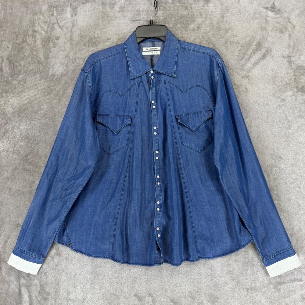 One Teaspoon Denim Shirt Womens Small Blue Heart Stitch Western Pearl Snap 24518